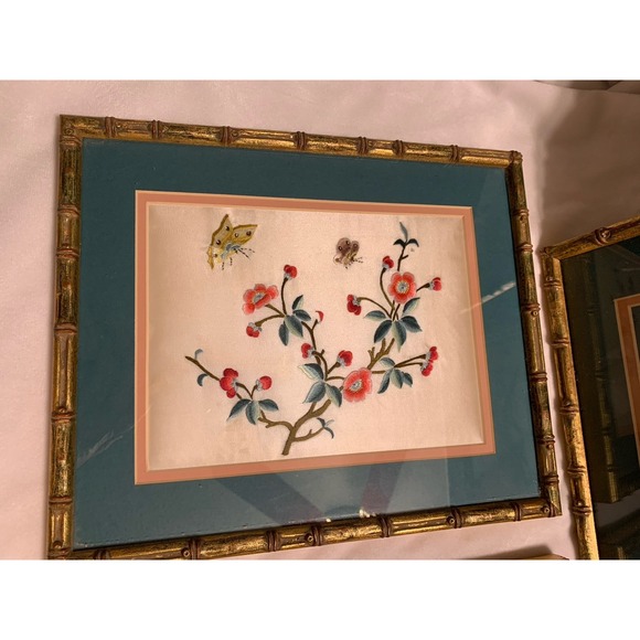 Set of 3 Vintage Chinese Silk Bird & Flower Paintings In Faux Bamboo Frames - Picture 2 of 14